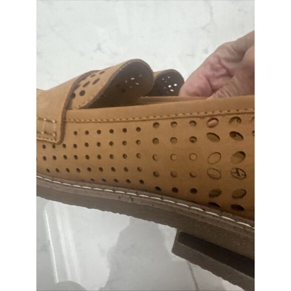 Earth Tan Brown 10 Perforated Leather Almond Toe Slip On Loafers - Picture 9 of 9